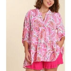 Umgee Blouse Size Small Hi Low Hem 3/4 Sleeves Pink Floral Paisley
